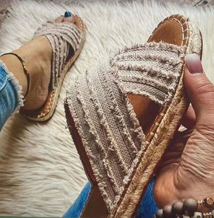 Flat Toe Tassel Plus Size Sandals Women One Word Flat Cross Slippers Women