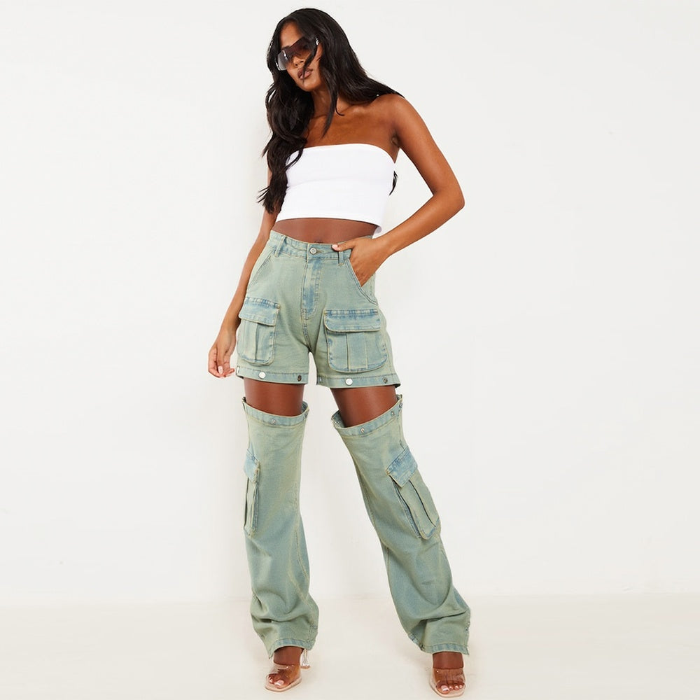 Women's High-Waist Cargo Pants, Loose Fit Convertible Pants With Zip-Off Legs To Shorts