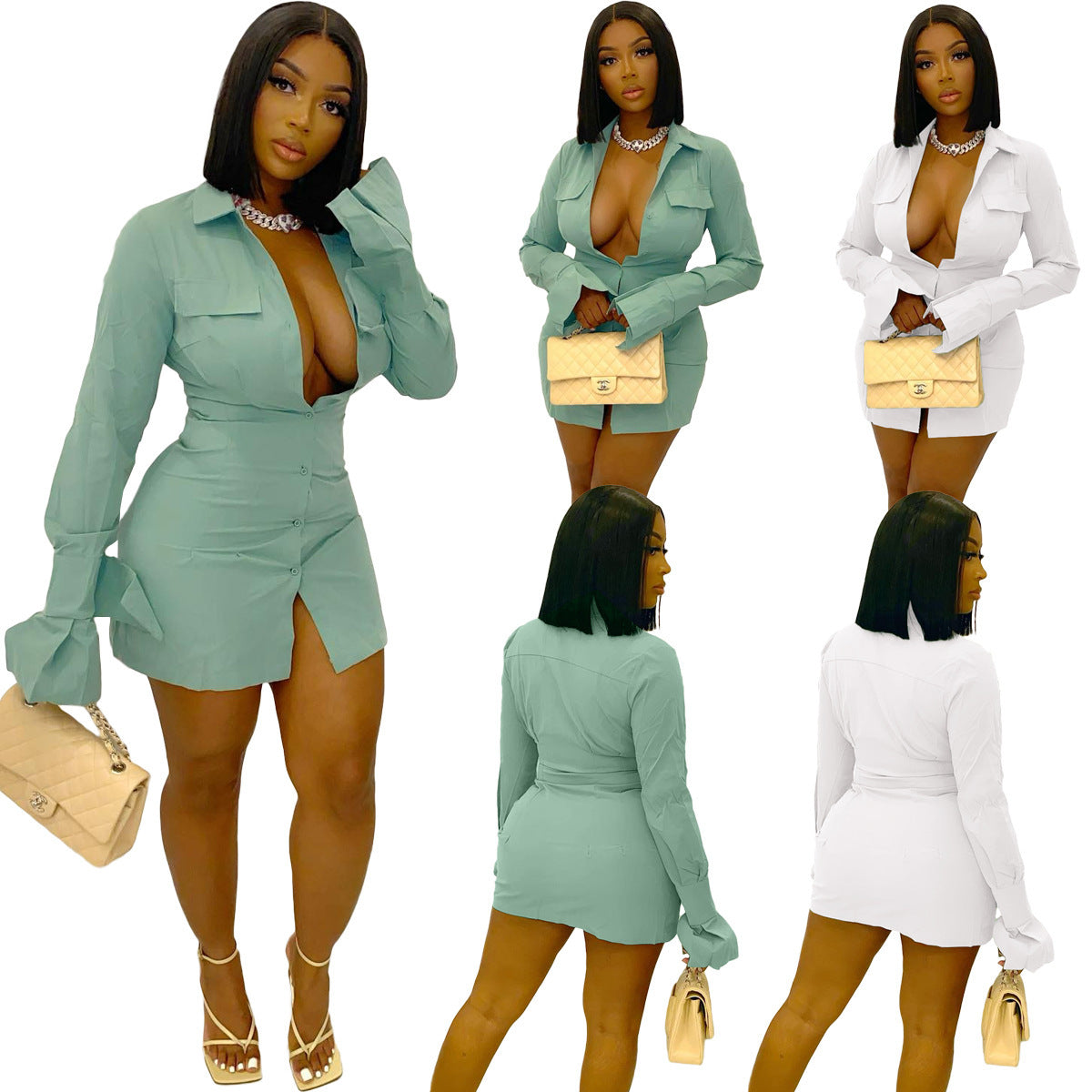 Women's Fashion Long Sleeve Shirt Solid Color Dress