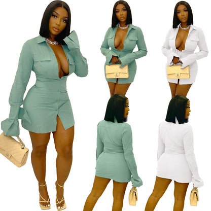 Women's Fashion Long Sleeve Shirt Solid Color Dress