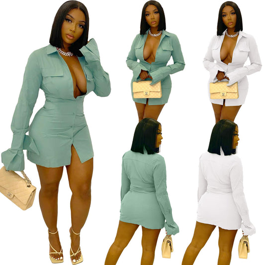 Women's Fashion Long Sleeve Shirt Solid Color Dress