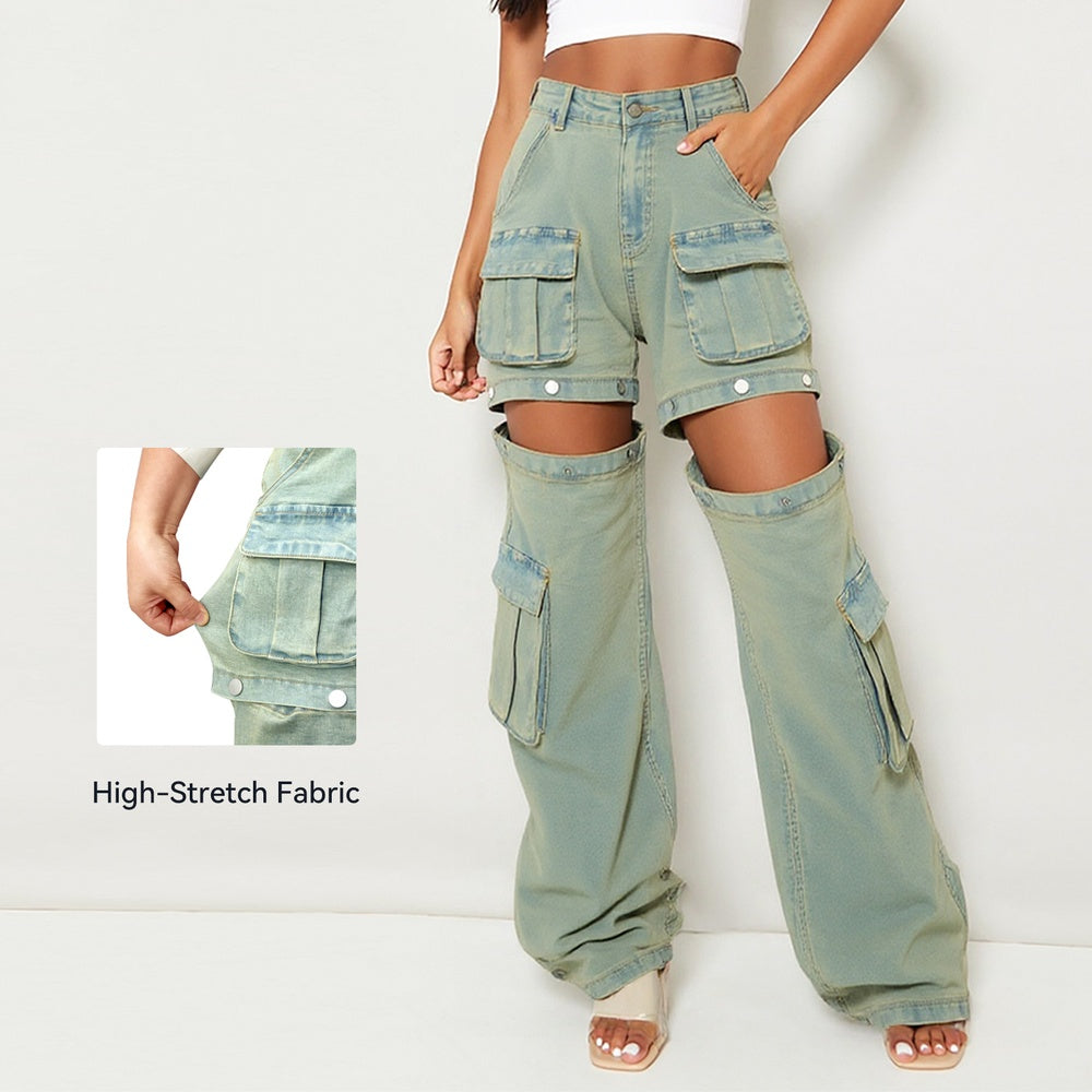 Women's High-Waist Cargo Pants, Loose Fit Convertible Pants With Zip-Off Legs To Shorts