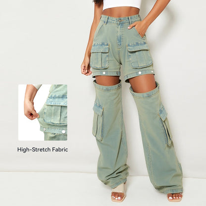 Women's High-Waist Cargo Pants, Loose Fit Convertible Pants With Zip-Off Legs To Shorts