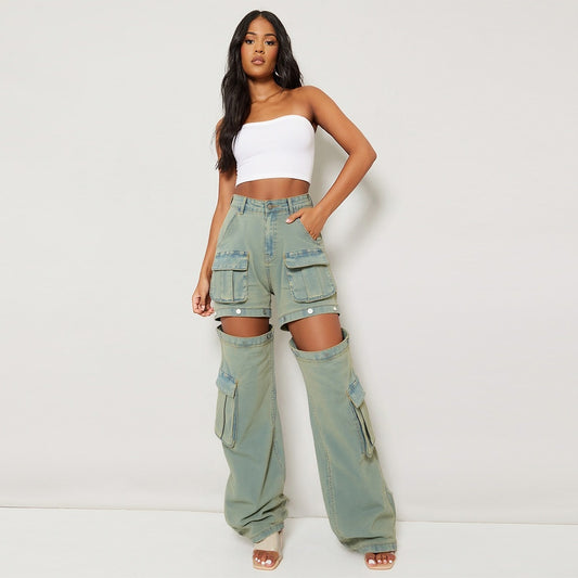 Women's High-Waist Cargo Pants, Loose Fit Convertible Pants With Zip-Off Legs To Shorts