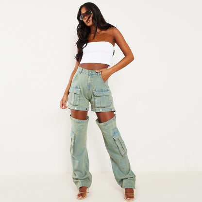Women's High-Waist Cargo Pants, Loose Fit Convertible Pants With Zip-Off Legs To Shorts