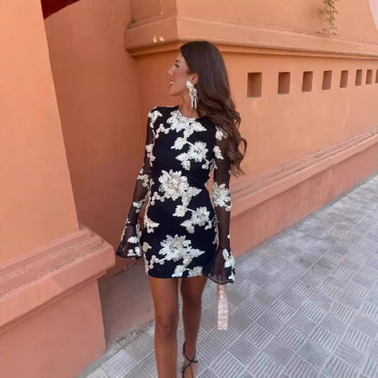 Flowers Bell-sleeved Dress Fashion Sexy Slim Long-sleeved Mesh Dresses For Party Club Women Clothing